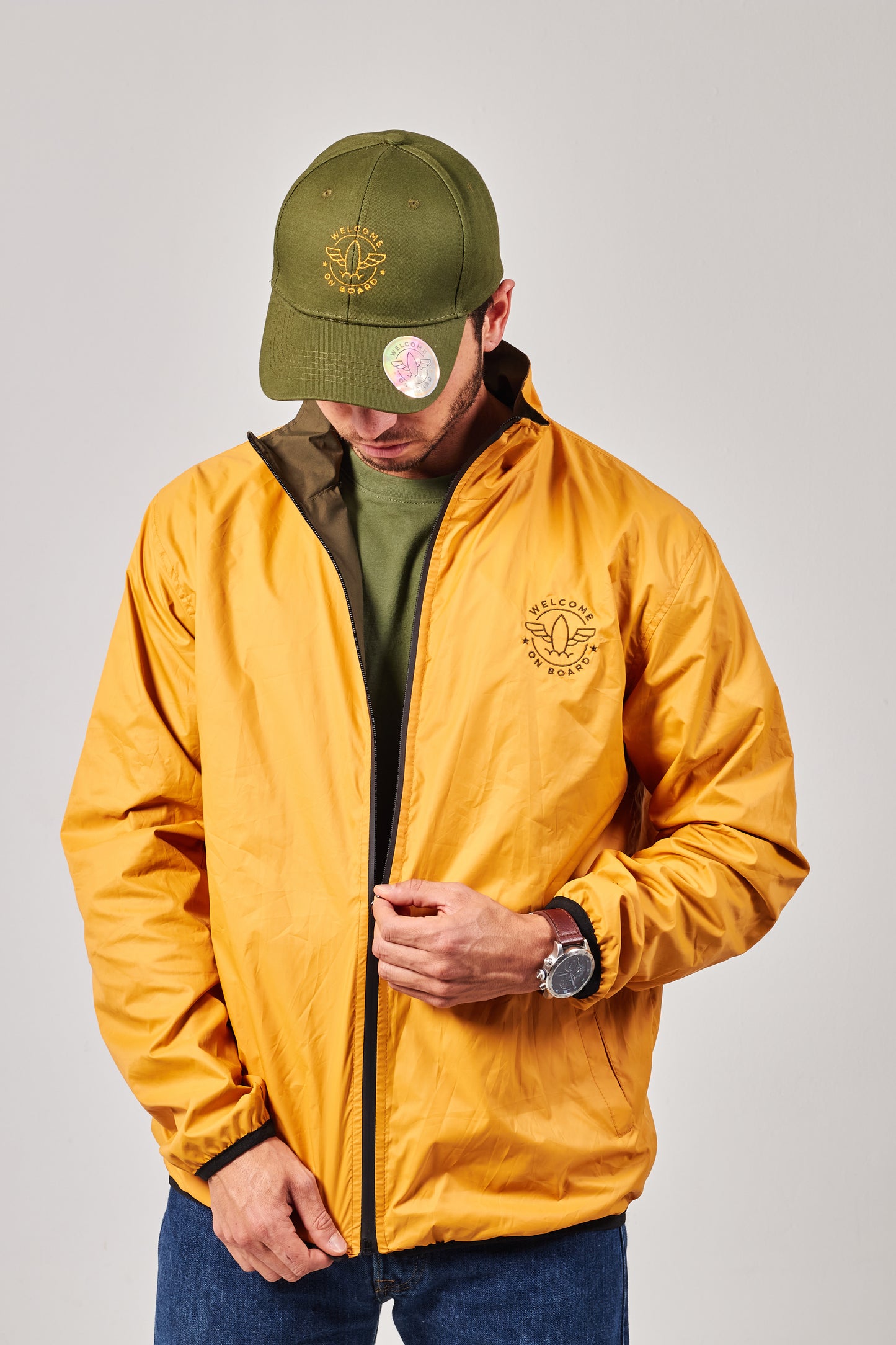 All season hooded jacket amarillo/ verde navy