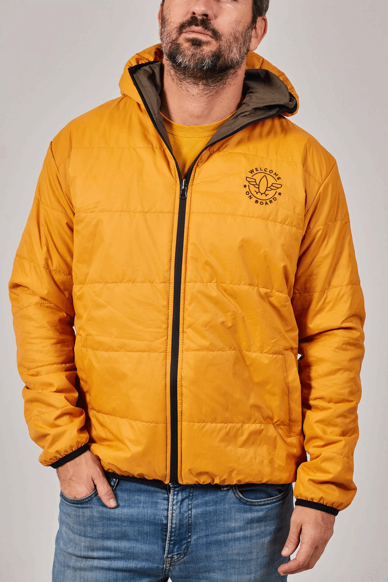 All season hooded jacket amarillo/ verde navy
