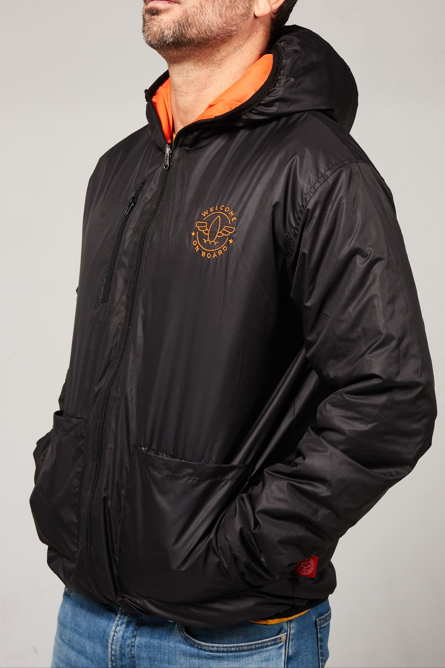 All season hooded jacket negro/naranja aviación