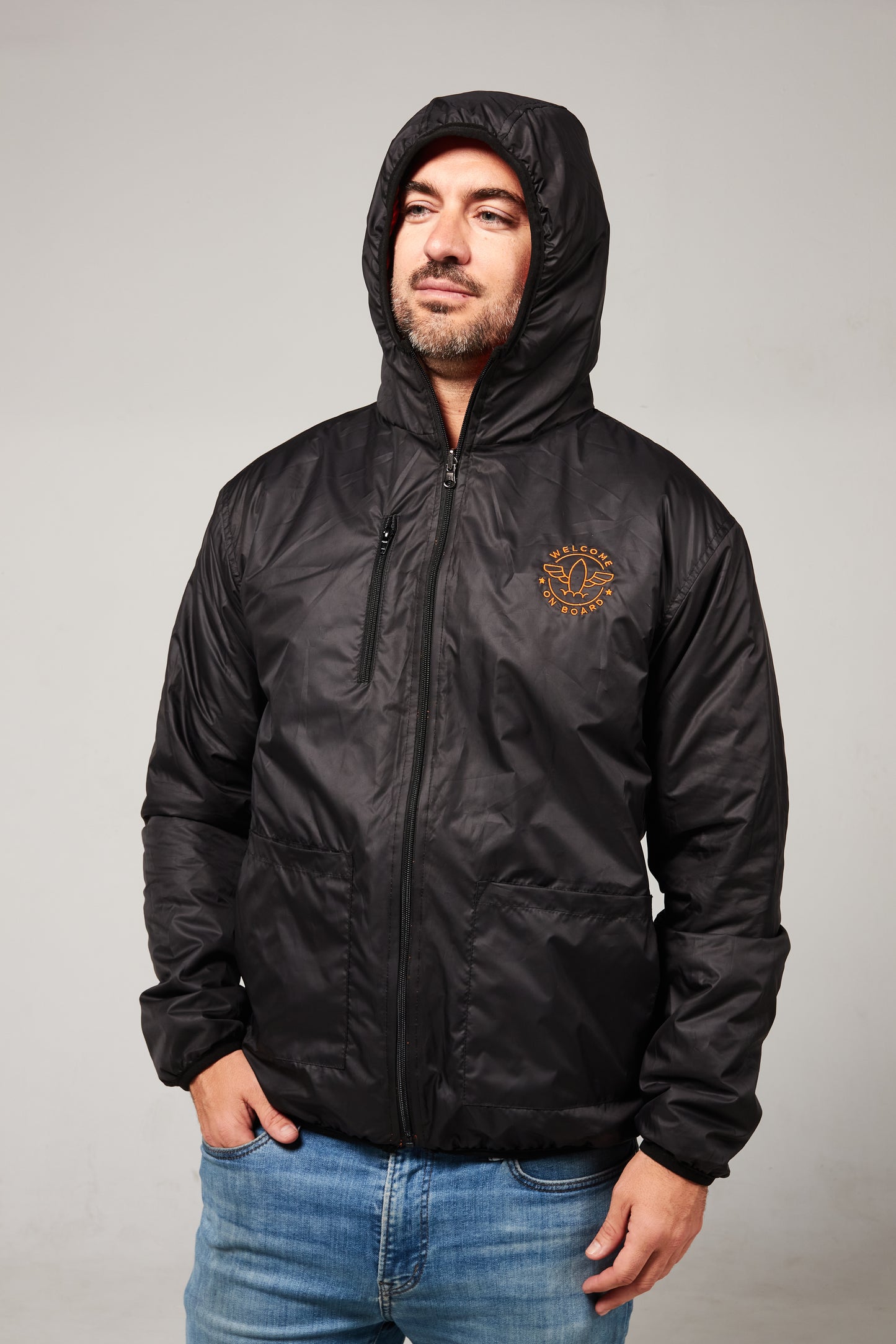 All season hooded jacket negro/naranja aviación