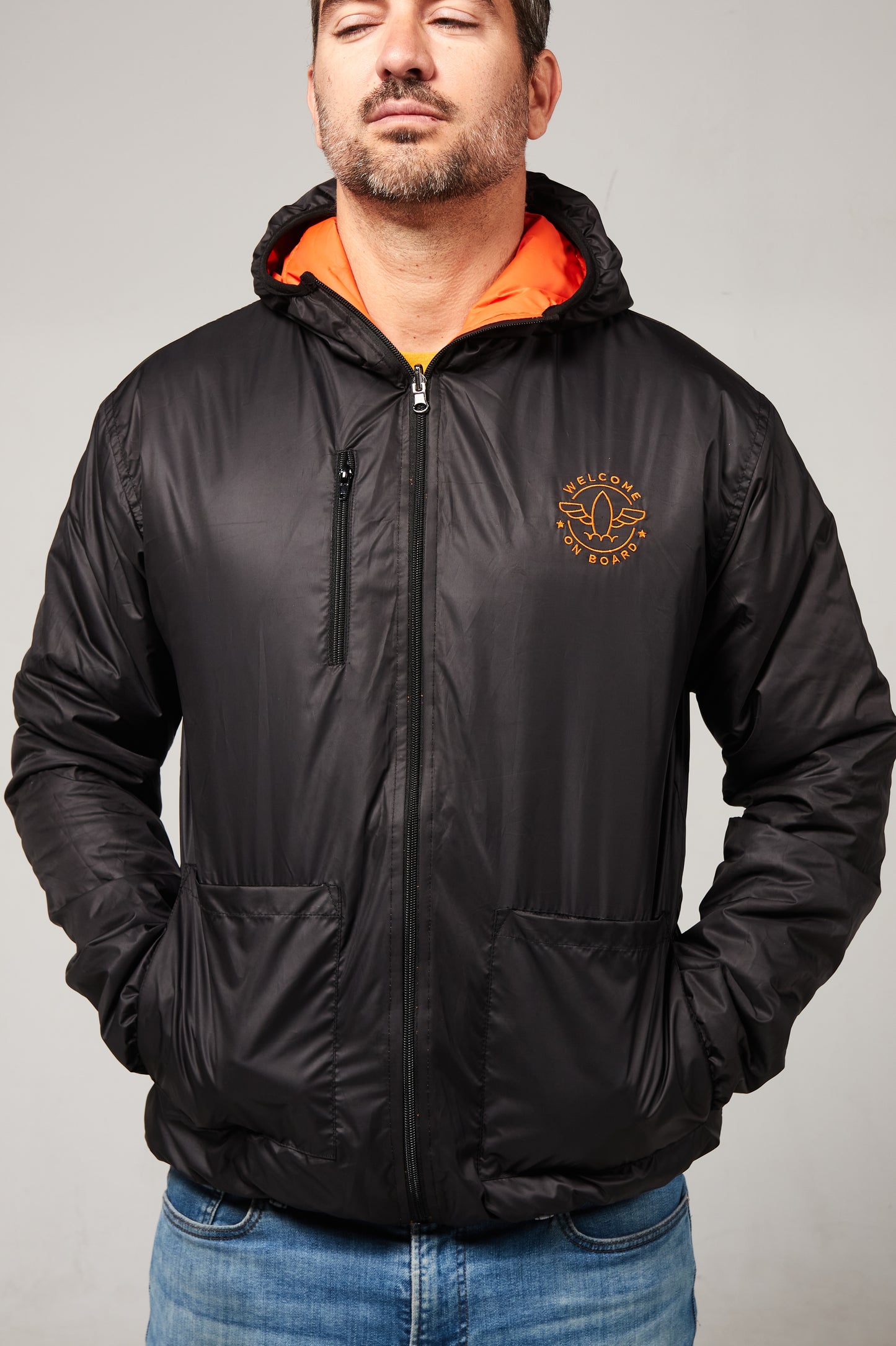 All season hooded jacket negro/naranja aviación